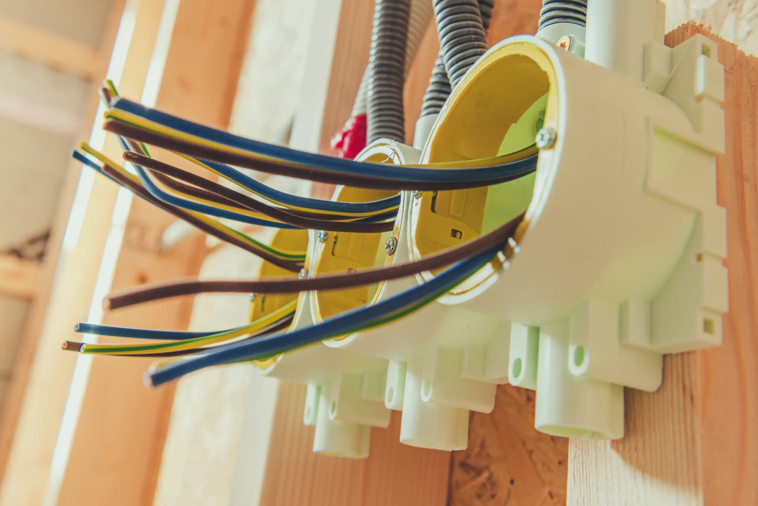Widoczne przewody w plastikowej puszce w trakcie prac Instalacje elektryczne
